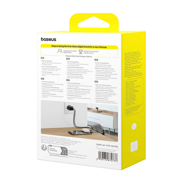 Baseus Cargador Rápido 20W 2 Puertos (USB-C/USB-A) Power Delivery 3.0 & Quick Charge 3.0 para Interiores, Enchufe EU, Negro