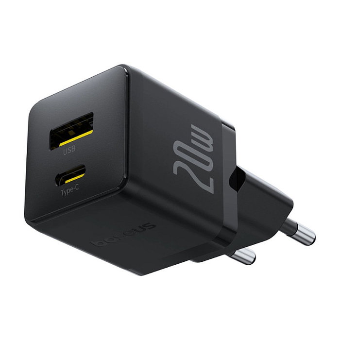 Baseus Cargador Rápido 20W 2 Puertos (USB-C/USB-A) Power Delivery 3.0 & Quick Charge 3.0 para Interiores, Enchufe EU, Negro