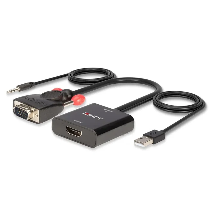 Lindy 38284 Convertidor Activo VGA + Audio 3.5mm a HDMI con USB, Resolución Full HD 1920x1080, Negro