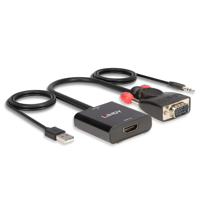 Lindy 38284 Convertidor Activo VGA + Audio 3.5mm a HDMI con USB, Resolución Full HD 1920x1080, Negro