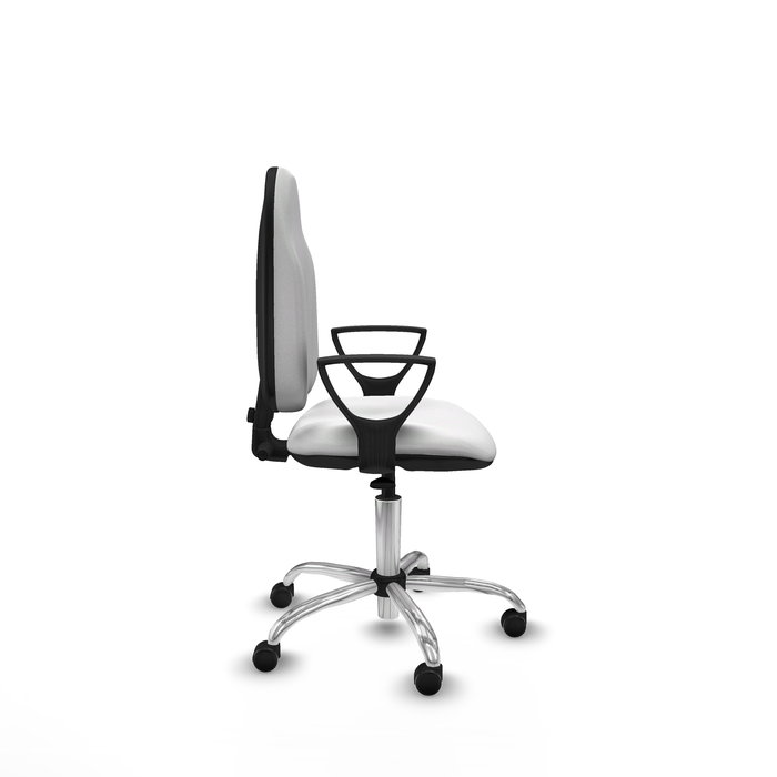 Silla de oficina Algarra con mecanismo Contacto permanente básico tapizada con Tela color Blanco. Equipada con Base cromada, Brazos fijos y Ruedas autofrenantes