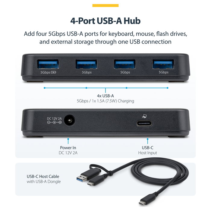 StarTech Hub USB 4 Puertos USB-A 5Gbps con Alimentación Propia y Cable Host 2-en-[1 USB-C/USB-A - Puerto Carga BC 1.2 - Incluye Adaptador 24W
