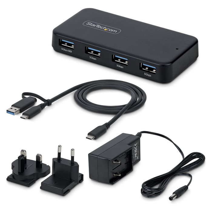 StarTech Hub USB 4 Puertos USB-A 5Gbps con Alimentación Propia y Cable Host 2-en-[1 USB-C/USB-A - Puerto Carga BC 1.2 - Incluye Adaptador 24W