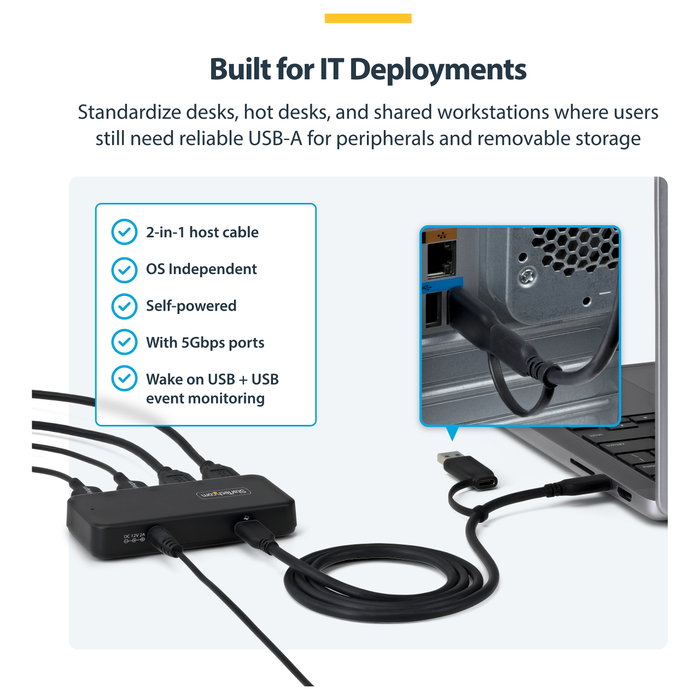 StarTech Hub USB 4 Puertos USB-A 5Gbps con Alimentación Propia y Cable Host 2-en-[1 USB-C/USB-A - Puerto Carga BC 1.2 - Incluye Adaptador 24W