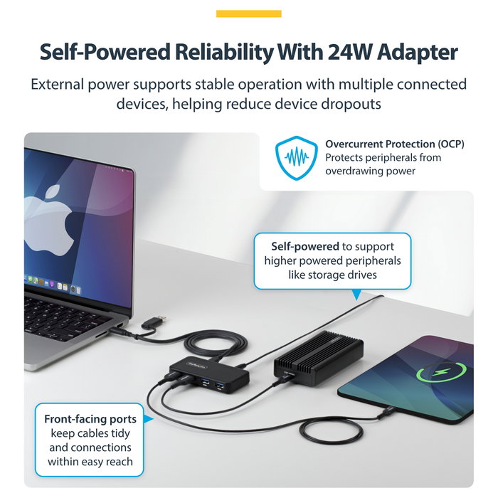 StarTech Hub USB 4 Puertos USB-A 5Gbps con Alimentación Propia y Cable Host 2-en-[1 USB-C/USB-A - Puerto Carga BC 1.2 - Incluye Adaptador 24W