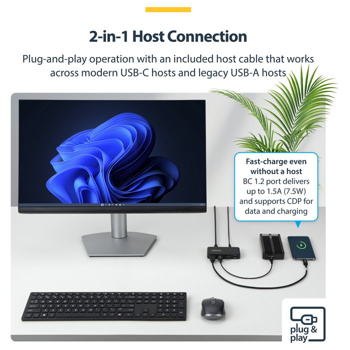 StarTech Hub USB 4 Puertos USB-A 5Gbps con Alimentación Propia y Cable Host 2-en-[1 USB-C/USB-A - Puerto Carga BC 1.2 - Incluye Adaptador 24W