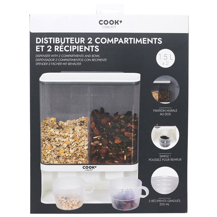 Cook Concept Dispensador 2 Compartimentos 3L para Cereales Café Frutos Secos con Vasos Graduados