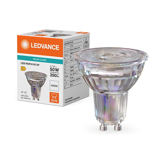 OSRAM LED-Reflektorlampen PAR16 P 3.7W GU10 50W equivalente, 350 lm Blanco frío, 36° ángulo de haz, bombilla LED retroiluminada OSRAM LED-Reflektorlampen PAR16 P 3.7W GU10 50W equivalente, 350 lm Blanco frío, 36° ángulo de haz, bombilla LED retroiluminada