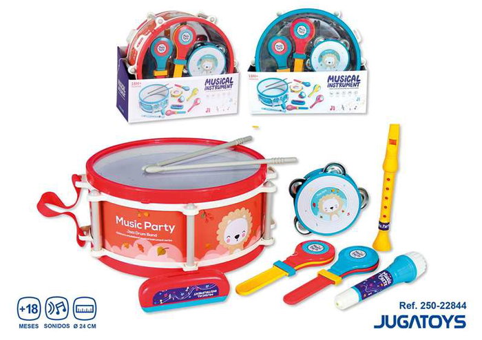 JugaToys Conjunto de instrumentos musicales con tambor, padereta, maracas, flauta y armónica
