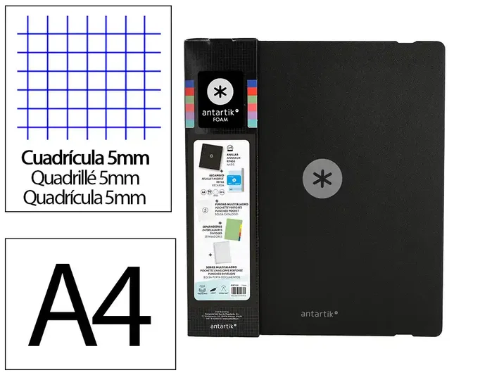 Antartik Carpeta con recambio A4 cuadro 5mm foam 4 anillas 35mm mixtas negro Antartik Carpeta con recambio A4 cuadro 5mm foam 4 anillas 35mm mixtas negro