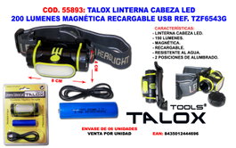 TALOX Linterna de Cabeza LED 200 Lu. Magne. Recargable USB TZF6543G