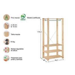 Astigarraga Kit Vestidor Evolution 76,5 x 38,5 x 174,5 cm Pino Macizo Madera