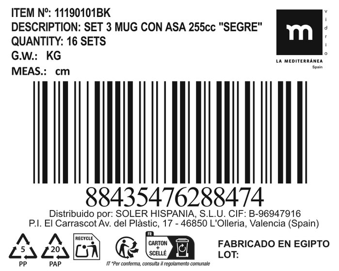 La Mediterranea Set de 3 tazas con asa Segre de 249 mL