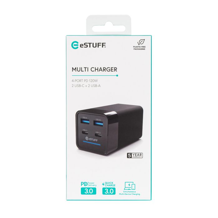 eSTUFF Cargador Multi PD GaN 120W 4 Puertos (2 USB-C + 2 USB-A) Carga Inteligente para Portátil, Tablet y Móvil