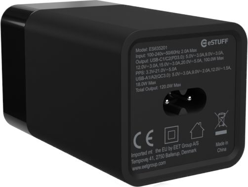 eSTUFF Cargador Multi PD GaN 120W 4 Puertos (2 USB-C + 2 USB-A) Carga Inteligente para Portátil, Tablet y Móvil
