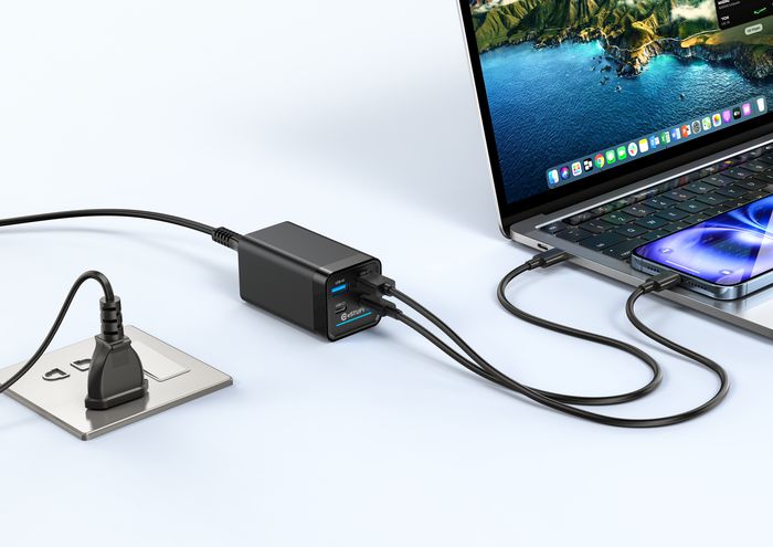 eSTUFF Cargador Multi PD GaN 120W 4 Puertos (2 USB-C + 2 USB-A) Carga Inteligente para Portátil, Tablet y Móvil