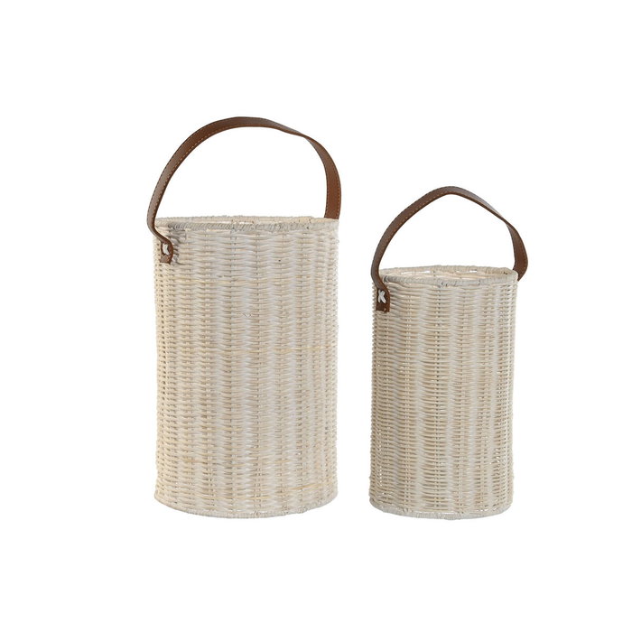 DKD Home Decor Set de 2 Portavelas de Ratán y Cristal con Asa