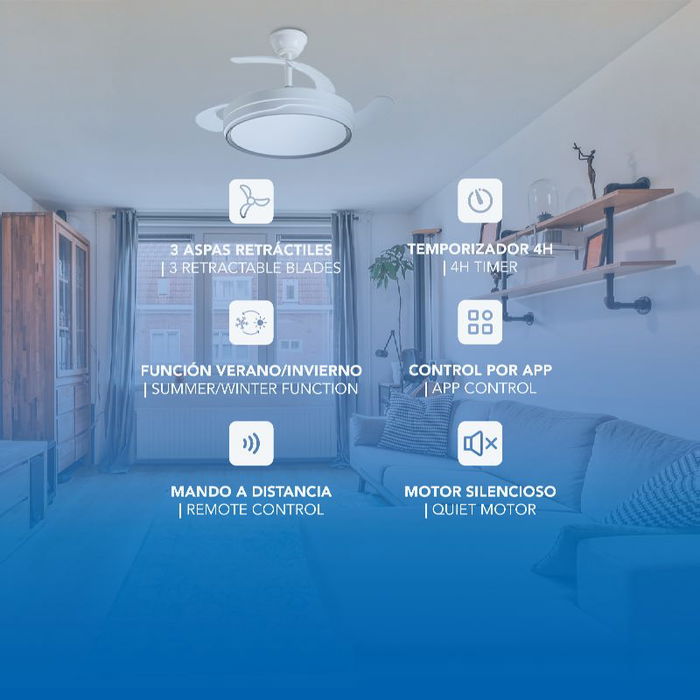 DAEWOO Ventilador de Techo con Aspas Retráctiles de 42 Pulgadas, LED 36W, Control por App, 3 Velocidades, Motor 30W