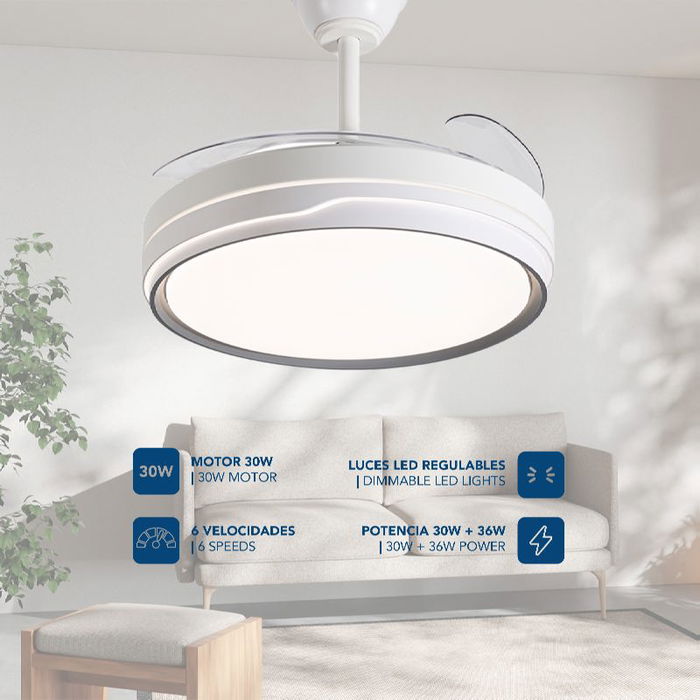 DAEWOO Ventilador de Techo con Aspas Retráctiles de 42 Pulgadas, LED 36W, Control por App, 3 Velocidades, Motor 30W