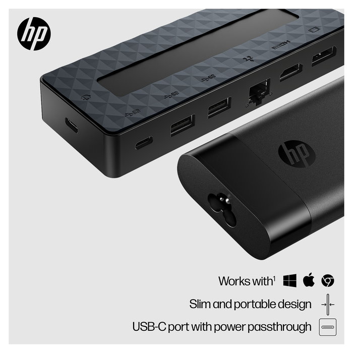 HP USB-C Hub Cargador Portatil Universal 65W con HDMI 2.0, DisplayPort 1.2, Ethernet y 3 Puertos USB, Color Negro
