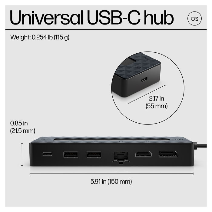 HP USB-C Hub Cargador Portatil Universal 65W con HDMI 2.0, DisplayPort 1.2, Ethernet y 3 Puertos USB, Color Negro
