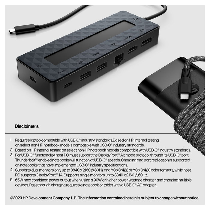 HP USB-C Hub Cargador Portatil Universal 65W con HDMI 2.0, DisplayPort 1.2, Ethernet y 3 Puertos USB, Color Negro