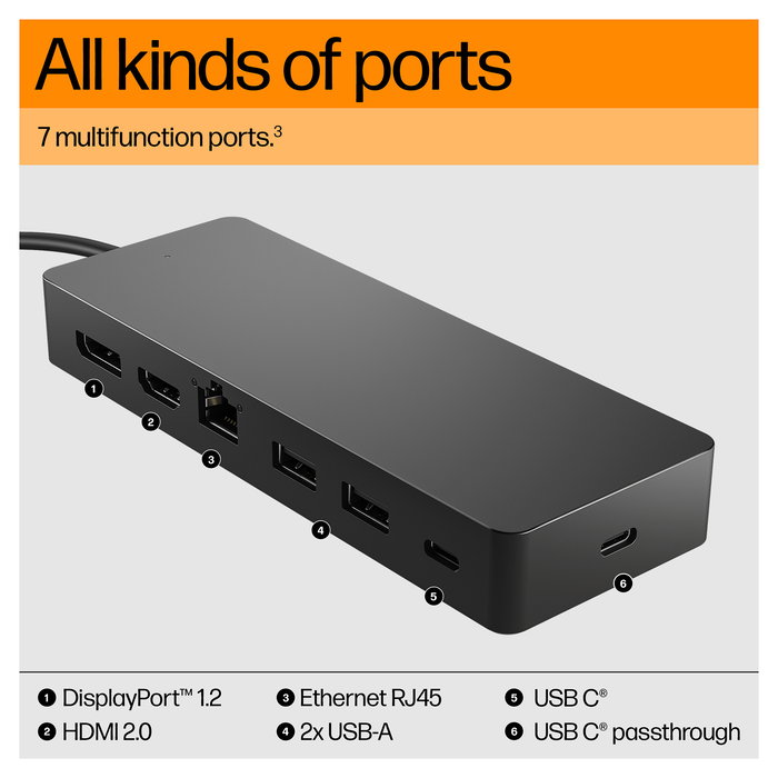 HP USB-C Hub Cargador Portatil Universal 65W con HDMI 2.0, DisplayPort 1.2, Ethernet y 3 Puertos USB, Color Negro