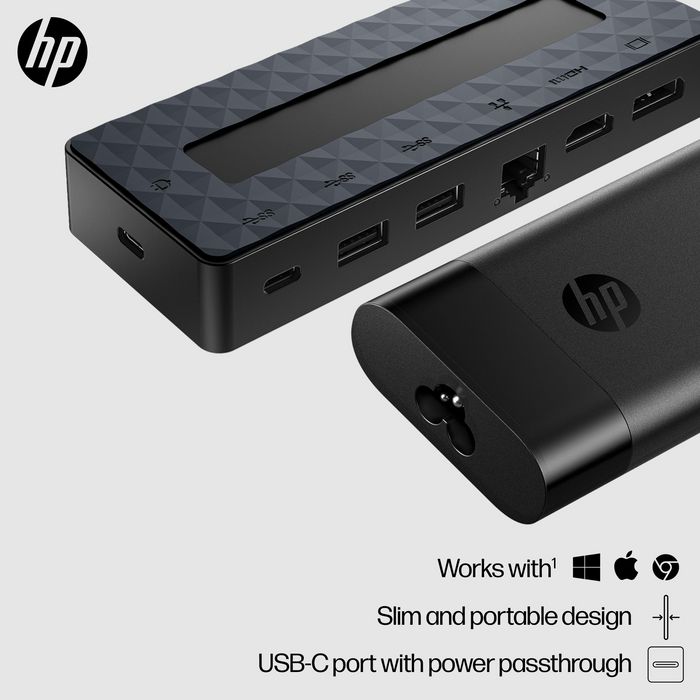 HP Hub y Cargador Universal USB-C Combo, Multiporta para PC con USB-C, Soporta Doble Pantalla 4K HDMI y DisplayPort