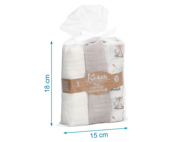 KioKids Set de 3 Muselinas de Bambú 70x70 cm - Gris, Blanco y Estampado Bosque - Viscosa de Bambú y Algodón para Bebé (+0 meses)