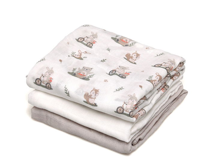 KioKids Set de 3 Muselinas de Bambú 70x70 cm - Gris, Blanco y Estampado Bosque - Viscosa de Bambú y Algodón para Bebé (+0 meses)