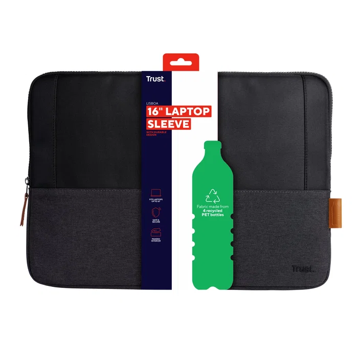 Trust Lisboa 25248 Funda para Portátil Universal hasta 16" (40.6 cm) - Negro - Hecha de Poliéster Reciclado (4 botellas PET), Sleeve Acolchada