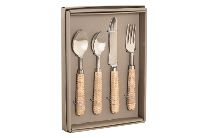 DKD Home Decor Set de Cubertería 16 Piezas Inox Ratan Natural