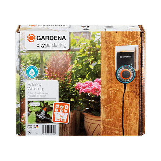 GARDENA 1407-20 City Gardening Balkon Bewässerung para 5-6 m², Sistema de Riego por Goteo, Manguera 10 m, 4.6 mm, 25 Goteros, Negro/Gris, Origen Alemania