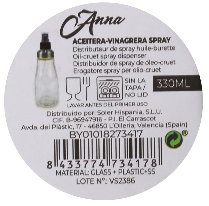 Anna Aceitera y Vinagrera en Spray, Botella de 330 ml para Cocina, 20.1 cm de Alto (12 Unidades)