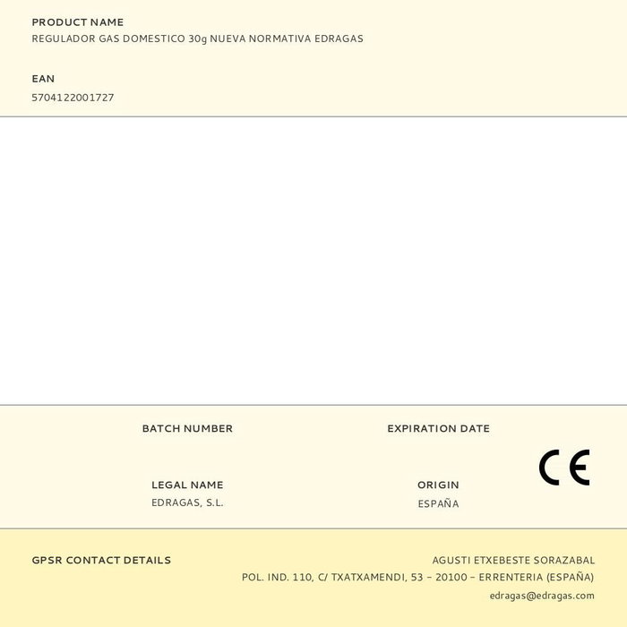 Edragas Regulador Gas Doméstico 30g Nueva Normativa CE-845CQ-0011 Homologado Edragas Regulador Gas Doméstico 30g Nueva Normativa CE-845CQ-0011 Homologado