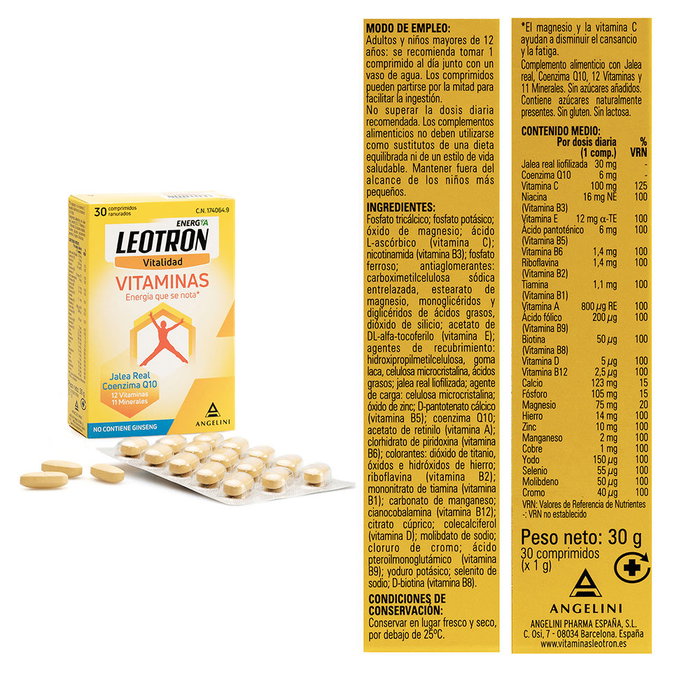 Leotron Vitaminas 30 Comprimidos con Jalea Real, Coenzima Q10, 12 Vitaminas y 11 Minerales - Complemento Alimenticio para Cansancio y Huesos