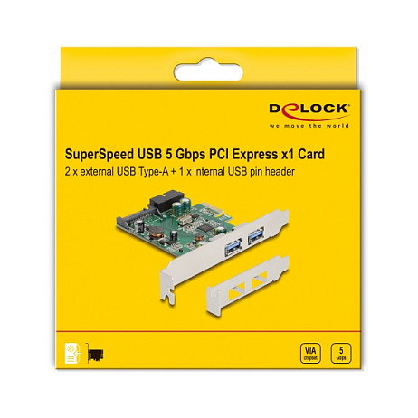 DeLOCK Tarjeta PCI Express USB 3.2 Gen 1 (5 Gbit/s), 2 Puertos Externos + 1 Interno, PCIe x1 Perfil Bajo, Incluye Soporte de Montaje