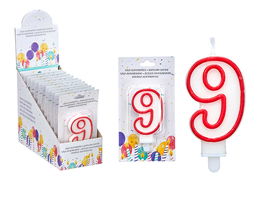 ARTE REGAL Vela Cumpleaños Número 9 Blanca Borde Rojo 4 x 8 x 1 cm (Set de 72)