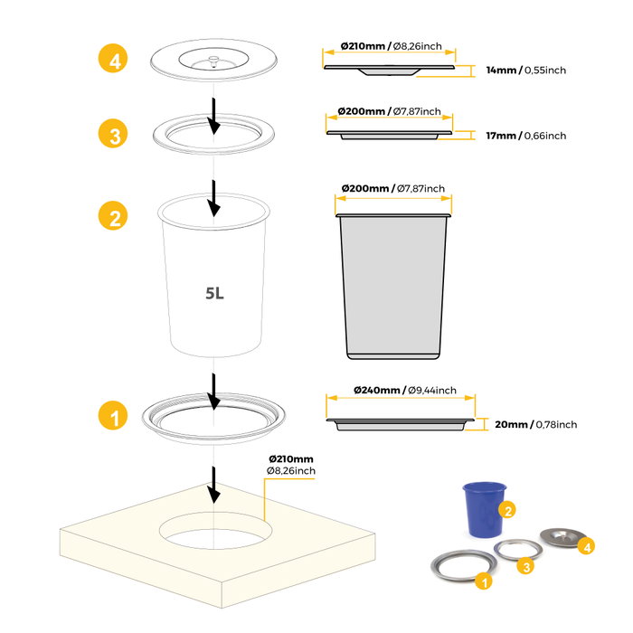 Emuca Cubo de basura empotrable para encimera de cocina Recycle, 1 vaso extraíble de 5 litros, Acero inoxidable y Plástico