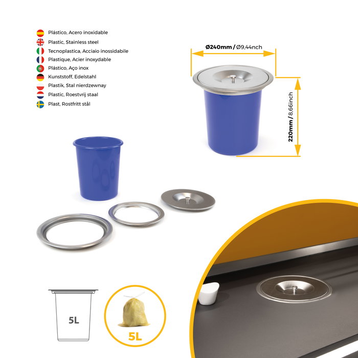 Emuca Cubo de basura empotrable para encimera de cocina Recycle, 1 vaso extraíble de 5 litros, Acero inoxidable y Plástico