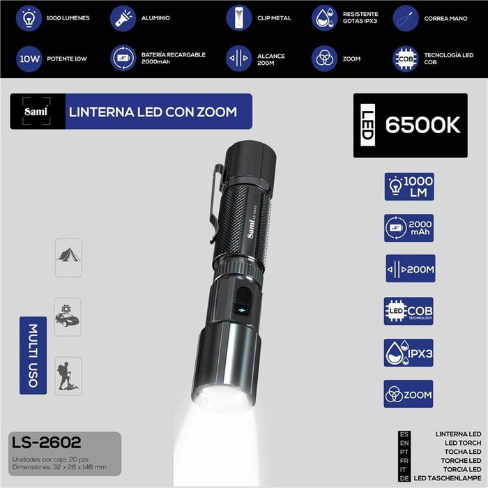 SAMI Linterna LED recargable con zoom de aluminio 1000LM