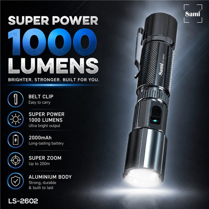 SAMI Linterna LED recargable con zoom de aluminio 1000LM
