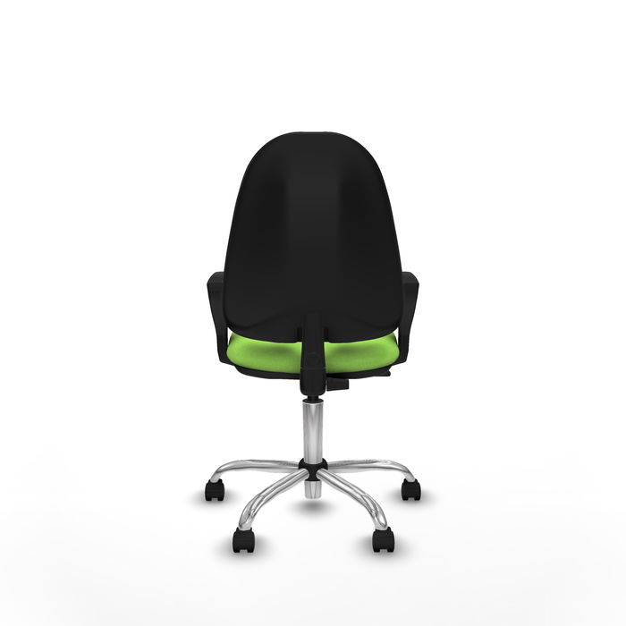 Silla de oficina Algarra con mecanismo Contacto permanente básico tapizada con Tela color Pistacho. Equipada con Base cromada, Brazos fijos y Ruedas de nailon 50 mm