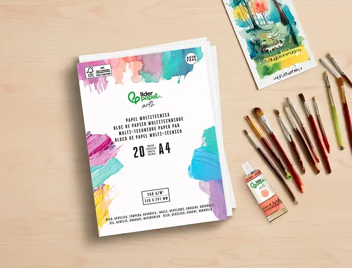 Liderpapel Bloc Dibujo Multitécnicas DIN A4, 260g/m², 20 Hojas para Acrílico, Óleo y Gouache