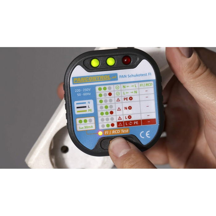 Pancontrol Probador de Tomas Test FI - Comprobador Enchufes Schuko con LED Verde/Rojo, Sin Pilas, CAT III 300V, 30mA, 220-250V CA