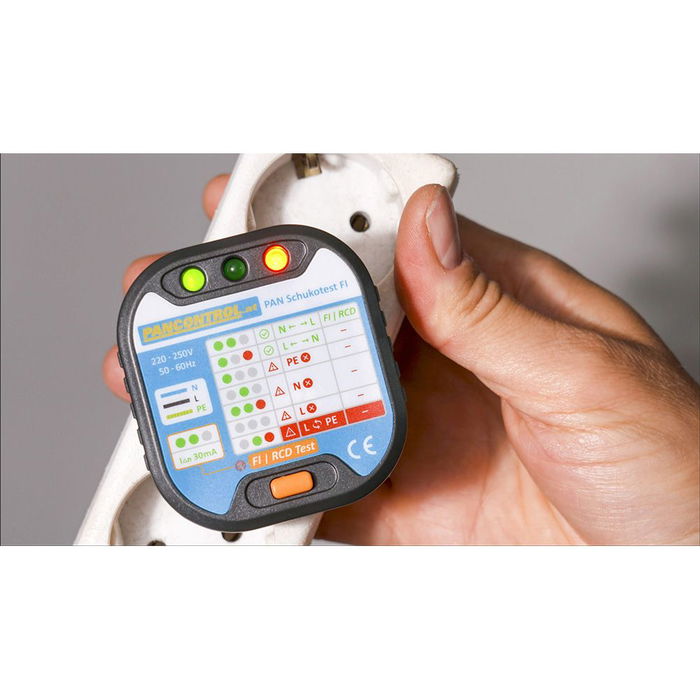 Pancontrol Probador de Tomas Test FI - Comprobador Enchufes Schuko con LED Verde/Rojo, Sin Pilas, CAT III 300V, 30mA, 220-250V CA