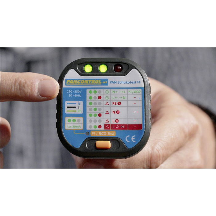 Pancontrol Probador de Tomas Test FI - Comprobador Enchufes Schuko con LED Verde/Rojo, Sin Pilas, CAT III 300V, 30mA, 220-250V CA