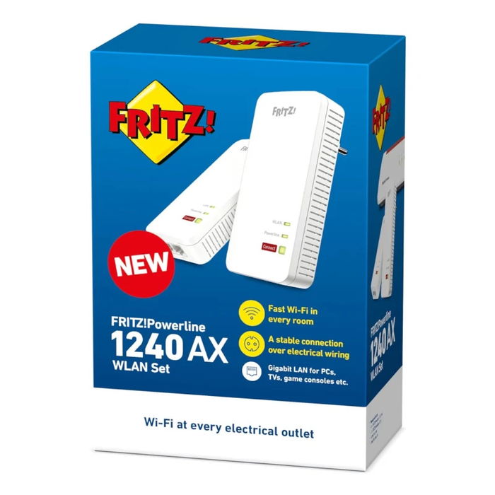 AVM FRITZ! Kit Powerline 1240 AX, adaptadores PLC con Wi-Fi 6 (AX600) y Mesh, 2 puertos Gigabit LAN, estándar HomePlug AV2, kit de 2 unidades (1240 AX + 1210)