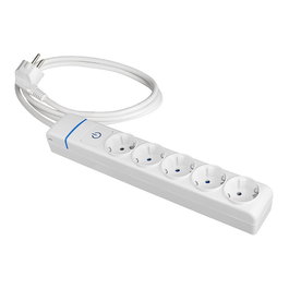 Solera - Base múltiple 5 tomas Schuko 2P+T con interruptor luminoso azul, 1.5 m cable H05VV-F 3G1.5 mm², IP20, 3680W, policarbonato blanco