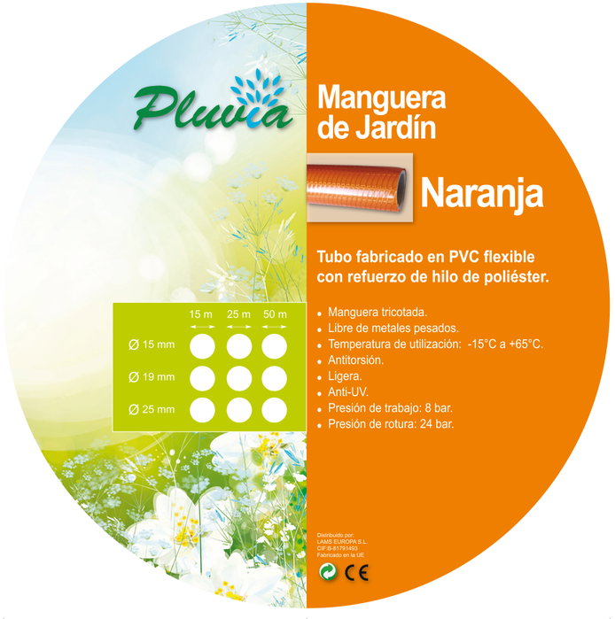 PLUVIA Manguera Naranja Flexible Trenzada 15 Ø x 50 m (1/2 pulgada)